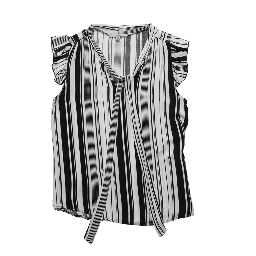 Papaya Flutter Sleeve Top Womens Medium Black‎ White Vertical Stripe Tie Neck